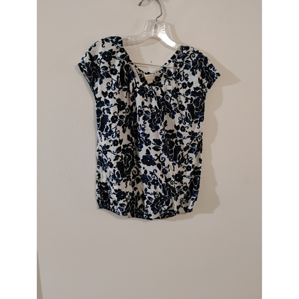 Michael Michael Kors Womens Small Blue White Floral Scoop Neck Cap Sleeve Blouse